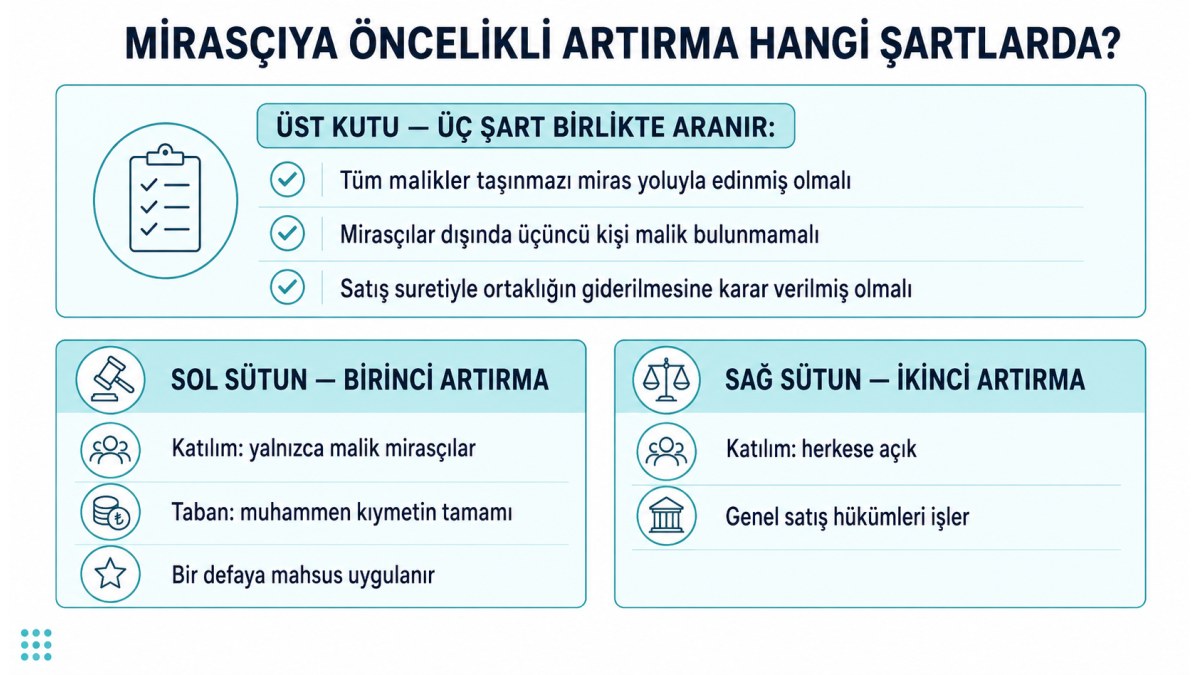 Mirasçıya öncelikli artırmanın üç şartı ile birinci ve ikinci artırmanın karşılaştırması