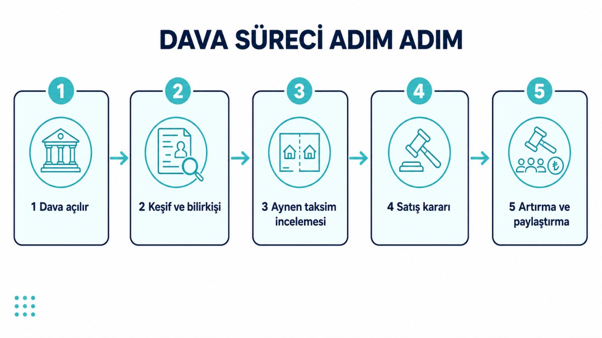 Ortaklığın giderilmesi davası süreci: dava açılışı, keşif ve bilirkişi, aynen taksim incelemesi, satış kararı, artırma ve paylaştırma